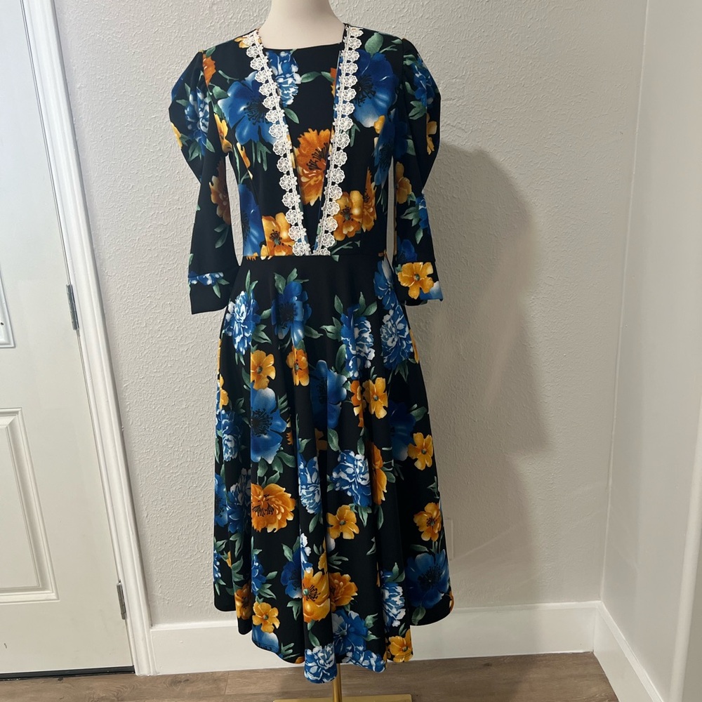 Floral Black Dress with Lace Trim